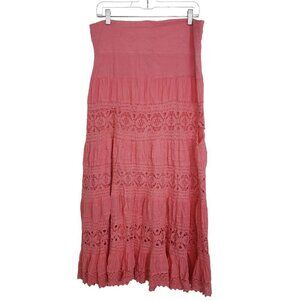 Now & Then Crochet Maxi Skirt Cotton Prairie Boho Pink Pull On Womens Size Large